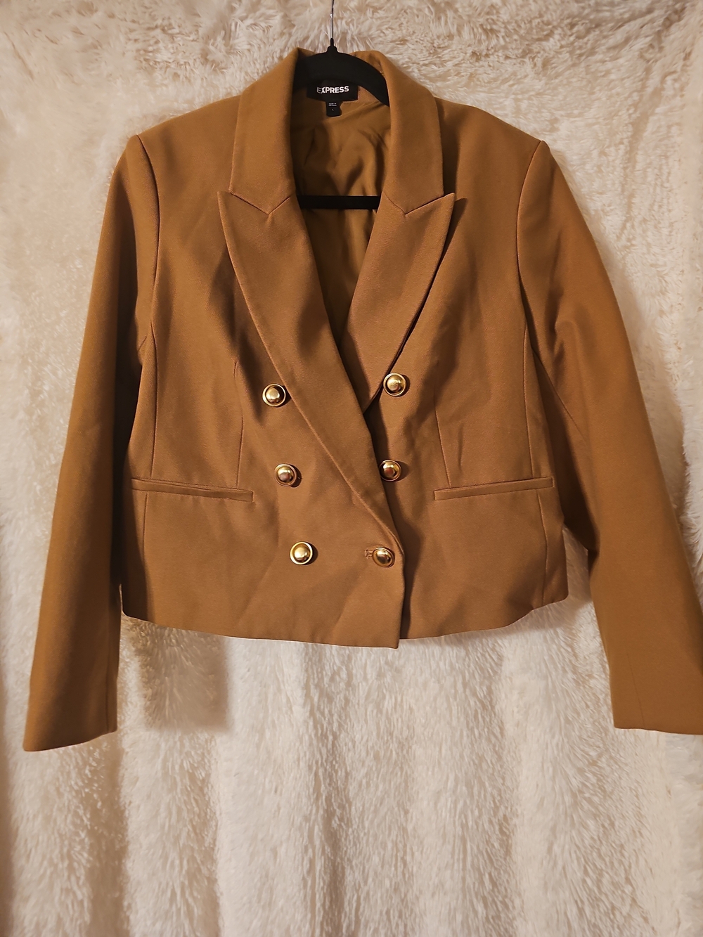 Express Women's Double-Breasted Cropped Blazer in Camel With Gold Buttons